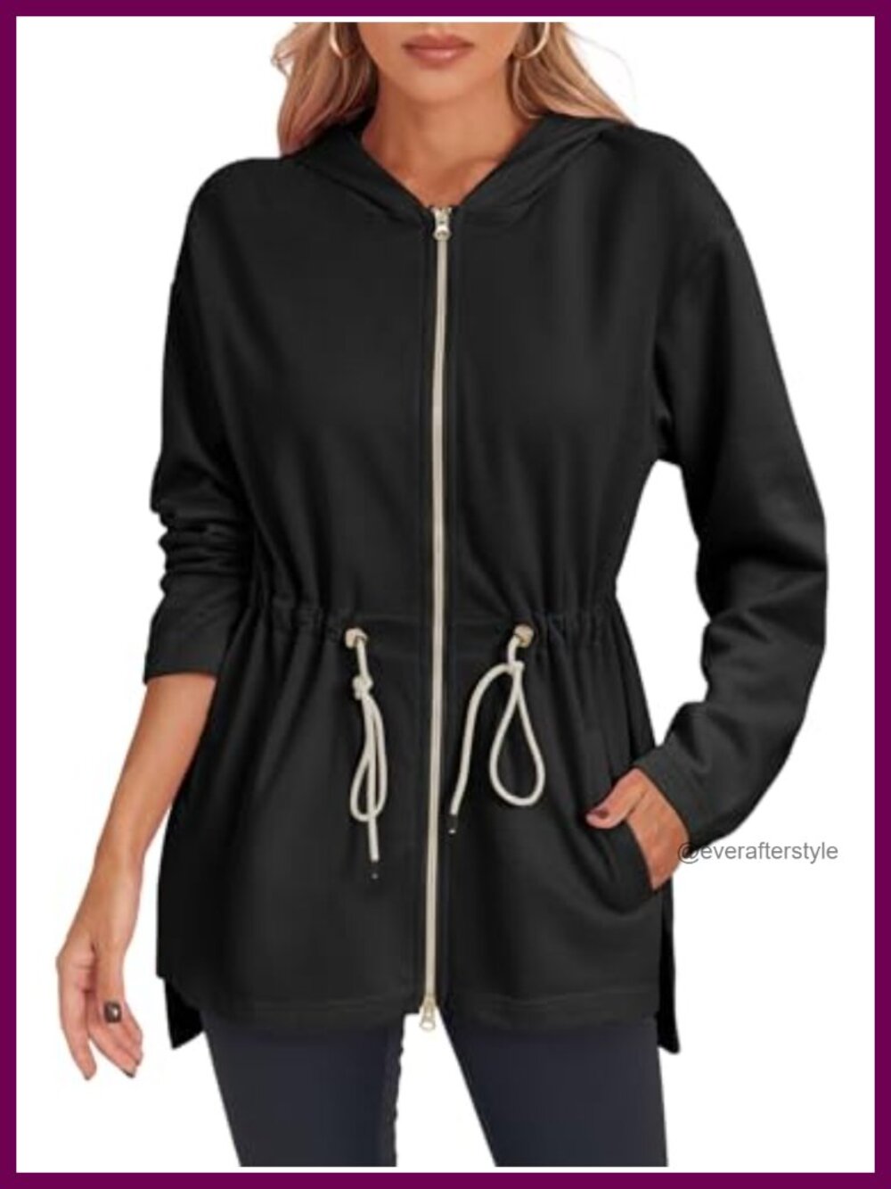 Oversized Zip Up Hoodie Drawstring Waist Side Slit Tunic Sweatshirt